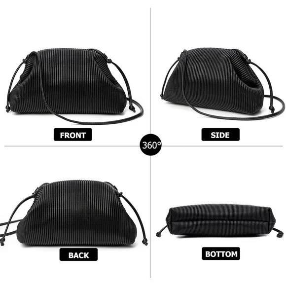 Women's Black Soft Cloud Bag Fashion Dumpling With Ruched Pouch Crossbody Bag - Picture 2 of 6